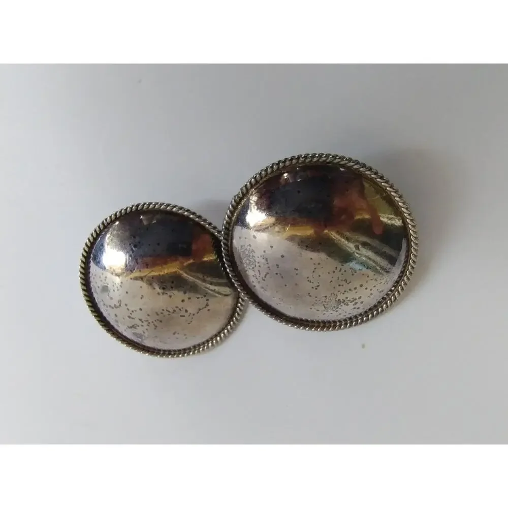 Vintage Sterling Silver Doorknocker Round Puffy Dome Rope Edge Clip Earrings